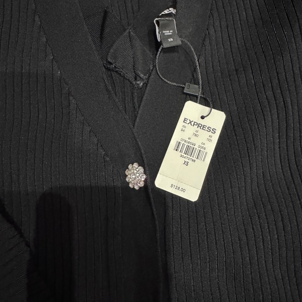 Express Black Ribbed V-Neck Dress with Rhinestone Button - Picture 2 of 7